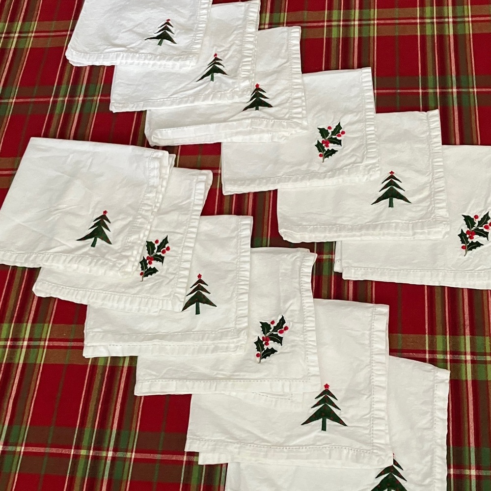 Festive White Napkins with Holiday Embroidery Set of 12